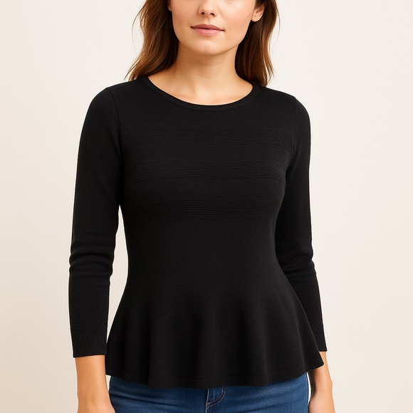 ANN TAYLOR LOFT Black Wool Blend Ribbed Peplum Sweater Medium - Picture 1 of 12
